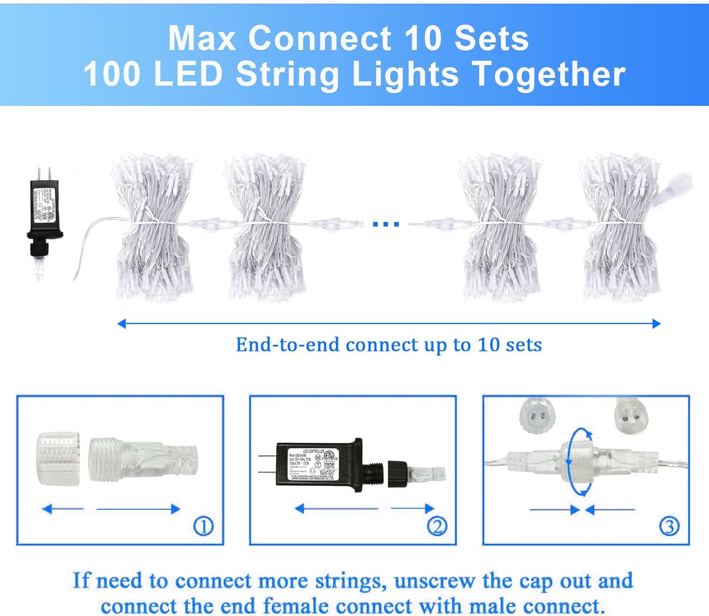 2 Pack 100 LED White Christmas Lights Indoor, 33Ft 8 Modes White String Lights Indoor Outdoor Connectable, Clear Wire Christmas String Lights for Bedroom Tree Xmas House Party Decorations