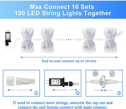 2 Pack 100 LED White Christmas Lights Indoor, 33Ft 8 Modes White String Lights Indoor Outdoor Connectable, Clear Wire Christmas String Lights for Bedroom Tree Xmas House Party Decorations