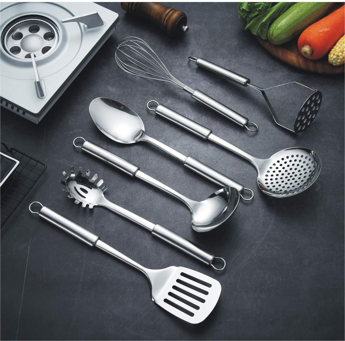 8-Piece Stainless Steel Cooking Utensil Set with Stand, Including Slotted Turner, Ladle, Skimmer, Serving Spoon, Pasta Server, Potato Masher, and Egg Whisk