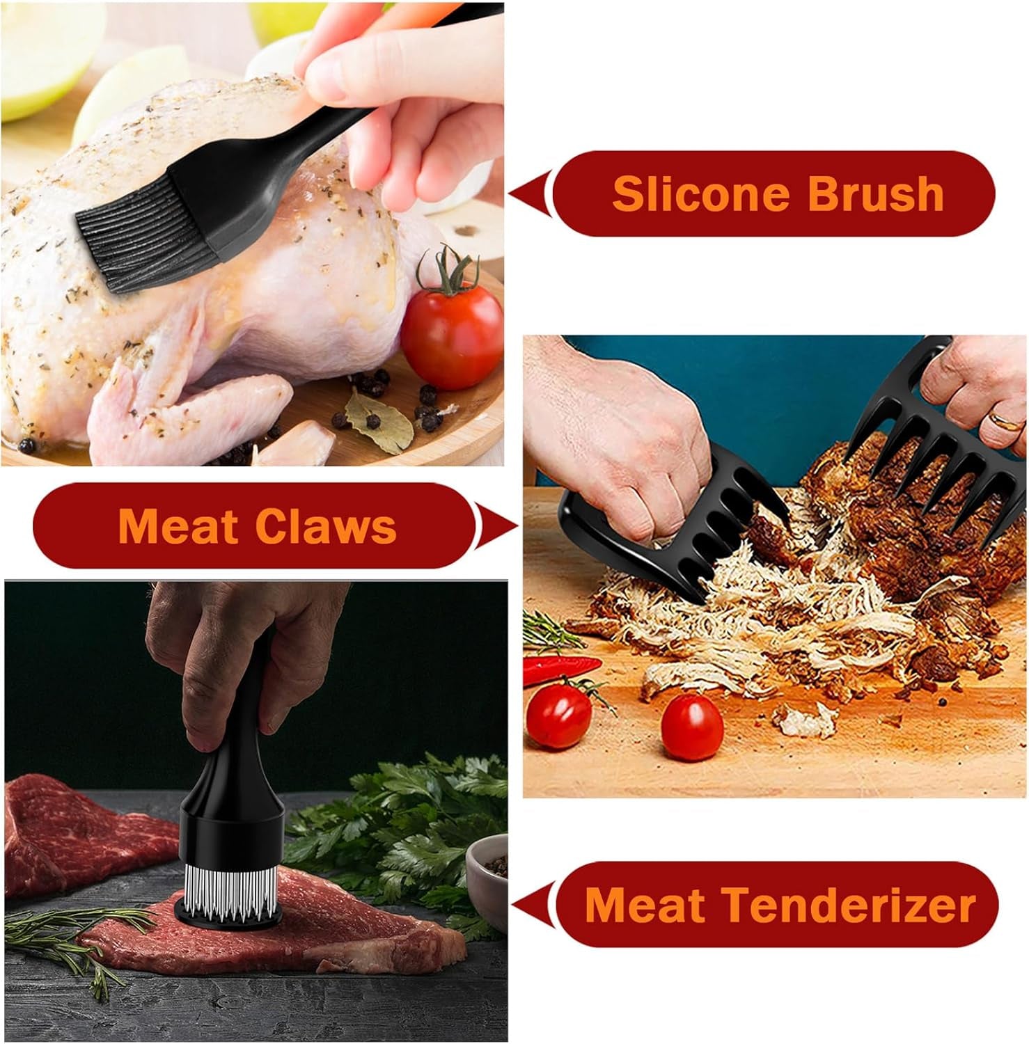 Roasting Pan Set (8 PCS), 14 Inch Stainless Steel Turkey Roaster Pan, Flat & V-Shaped Roasting Racks & Beer Can Chicken Holder, Meat Claws & Tenderizer, Brush, Healthy & Heavy Duty