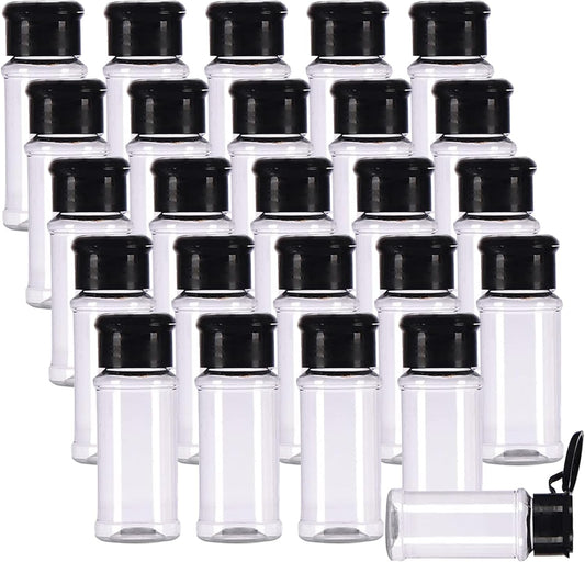 25Pcs Empty Plastic Spice Bottles Set for Storing Barbecue Seasoning Salt Pepper and More 75 Ml/2.5 Oz (Black)