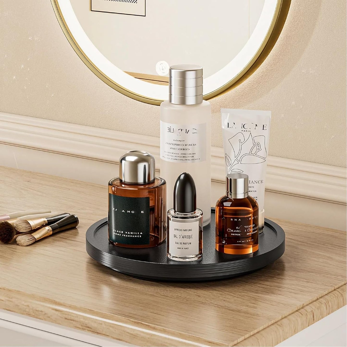 9'' Wood Lazy Susan Organizer Turntable for Cabinet, Lazy Susan for Table Top, Pantry, Kitchen, Bathroom, Countertop, Rotating Spice Organizer, Vanity Decor Tray, Pine Wood, Black