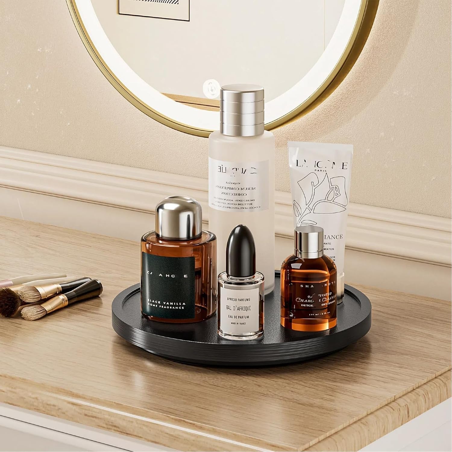 9'' Wood Lazy Susan Organizer Turntable for Cabinet, Lazy Susan for Table Top, Pantry, Kitchen, Bathroom, Countertop, Rotating Spice Organizer, Vanity Decor Tray, Pine Wood, Black