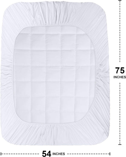 Full Mattress Pad, Quilted Fitted Premium Mattress Protector, Deep Pocket Cover Stretches up to 16 Inches, Fluffy Pillow Topper (54X75 Inches, White)