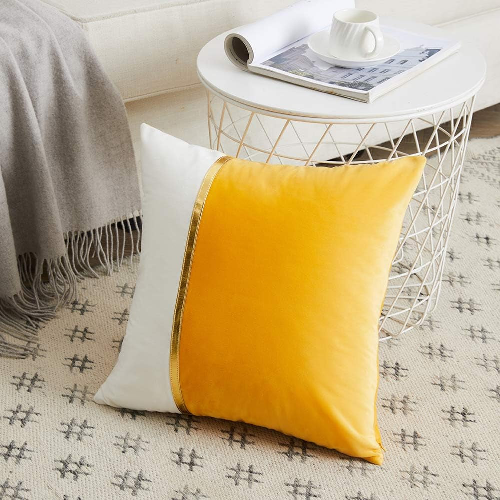 2 Packs Decorative Throw Pillow Covers 20X20 Inch for Living Room Couch Bed, Yellow and White Velvet Patchwork with Gold Leather, Luxury Modern Home Decor, Square Cushion Case 50X50 Cm