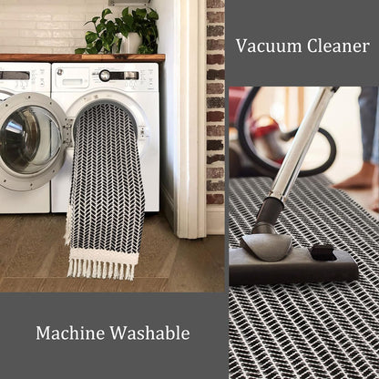 Boho Bathroom Rugs, Small 2X3 Front Door Mat Lightweight Kitchen Rug Woven Cotton Area Rug with Tassels, Farmhouse Washable Black and White Throw Rug Low Pile Carpet for Entry Laundry