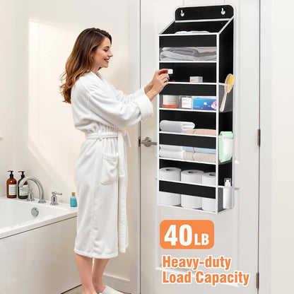 over the Door Organizer Storage 4 Shelves Large Capacity Hanging Bedroom Storage Solution with 6 Side Pockets for Dorm Bathroom Pantry Nursery and Baby Essentials Holds up to 40 Lbs (Black)