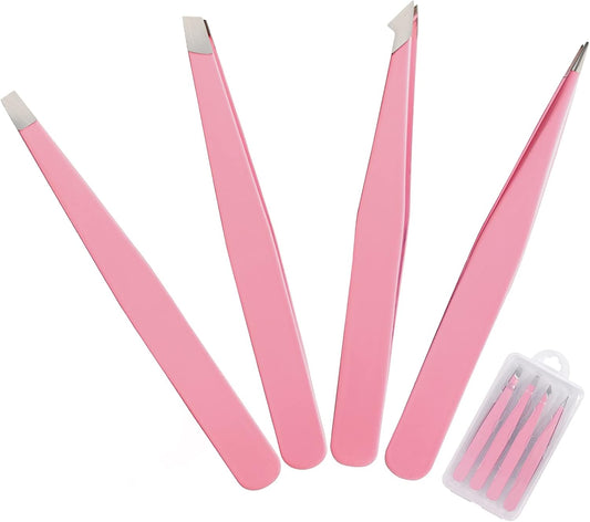Tweezers Set 4-Piece, Professional Stainless Steel Tweezers, Precision Tweezers for Eyebrows, Facial Hair, Ingrown Hair, Splinter, Blackhead Remover (PINK)…