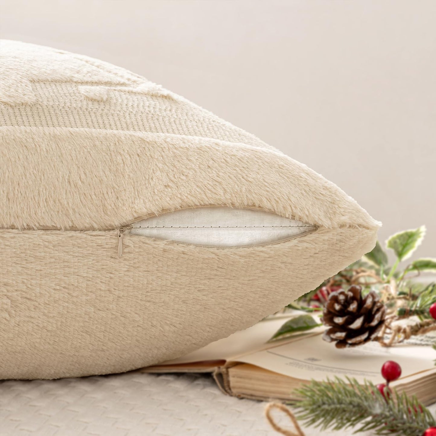 Christmas Trees Pillow Covers Set of 2 Decorative Soft Throw Pillows Plush Faux Fur Wool Embroidered Couch Cushion for Holiday Winter Home Decor Chair Sofa Bedroom Living Room,Beige 18X18Inch