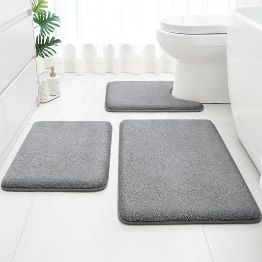 Upgraded Bathroom Rugs Sets 3 Piece, Extra Thick Absorbent Soft Memory Foam, Washable Toilet Bath Mat (Grey,17"X24"+20"X32"+U Shape 20"X24")