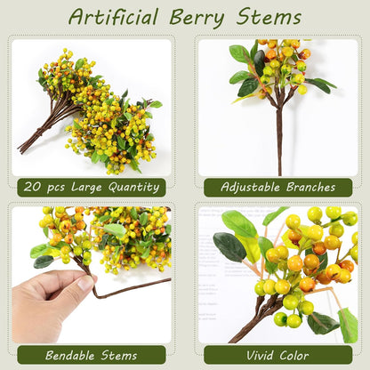 Artificial Orange Fall Berry Stems 20 PCS Fake Berries Branches Spray with Green Leaves 9.8 Inch Small Berry Picks for Thanksgiving Christmas Floral Crafts Home Decor, Orange Yellow