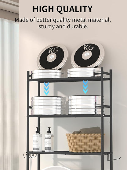 3-Tier Over-the-Toilet Storage Shelves, Freestanding Metal Bathroom Organizer with 4 Hooks, Black