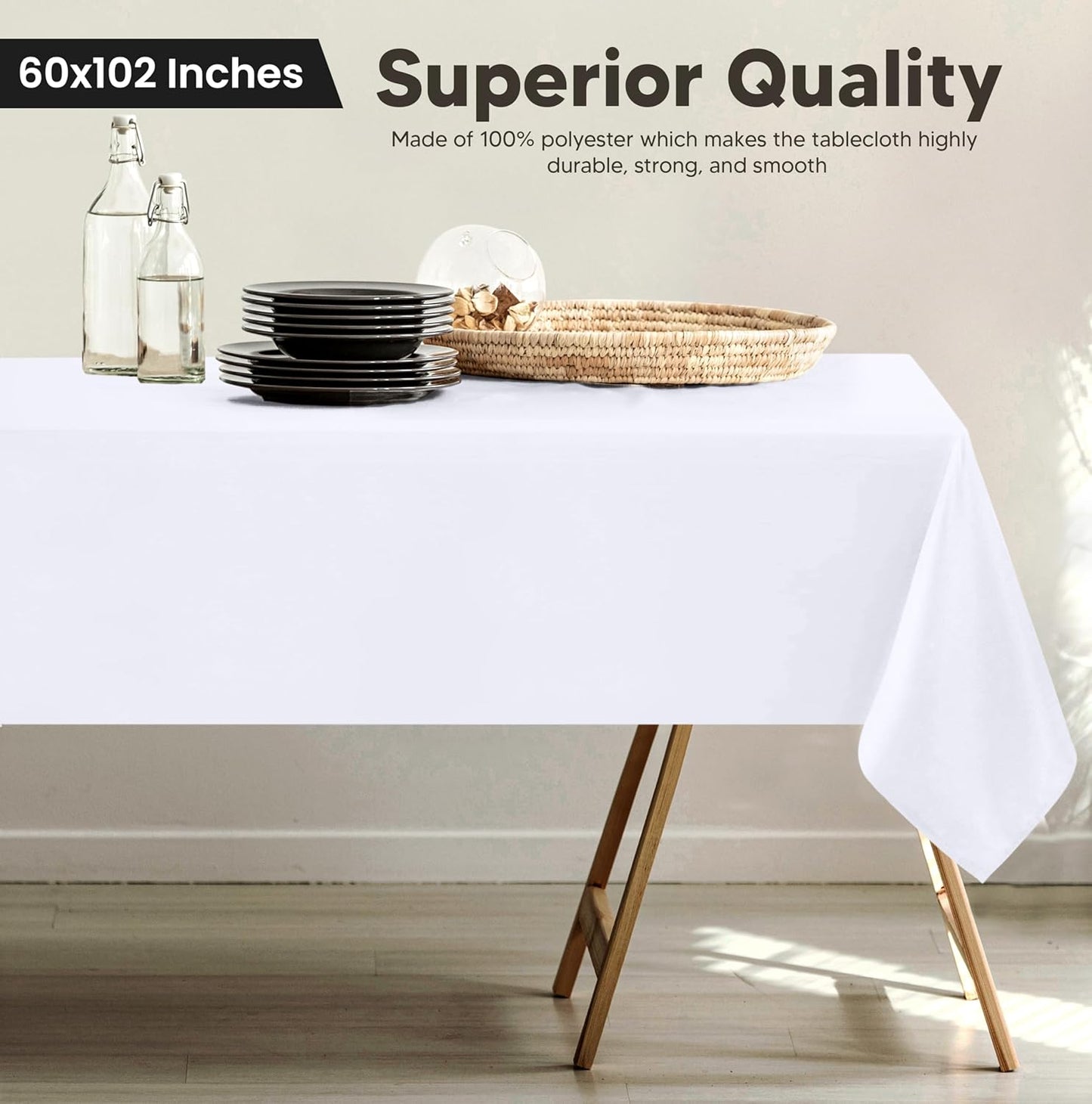 2 Pack 6 Foot Rectangle Table Cloth [60X102 Inches, White] Stain and Wrinkle Resistant Tablecloth Washable Polyester Cover for Dining, Buffet Parties, Picnic and Weddings
