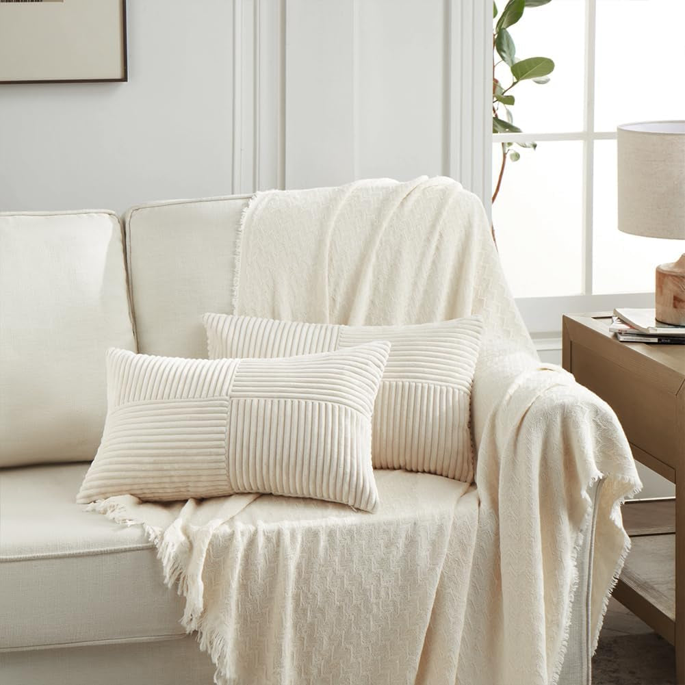 Cream Lumbar Decorative Throw Pillow Covers 12X20 Inch for Living Room Couch Bed Sofa, Rustic Farmhouse Boho Home Decor, Soft Striped Corduroy Rectangle Accent Cushion Case 30X50 Cm