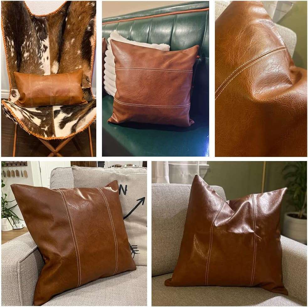 2 Packs Boho Brown Waterproof Faux Leather Decorative Throw Pillow Covers 18X18 Inch for Outdoor Couch Bed Sofa, Hand Stitched Accent Square Cushion Case, Rustic Modern Farmhouse Home Decor