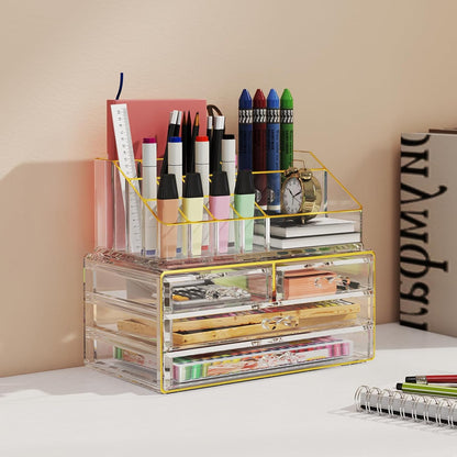 2Pc 4-Drawer Makeup Organizer Countertop Cosmetic Storage for Vanity | Bathroom | Skincare | Perfume Storage, Casual Pairing No Assembly, Ideal Gift for Women, Clear with Luxe Gold Trim