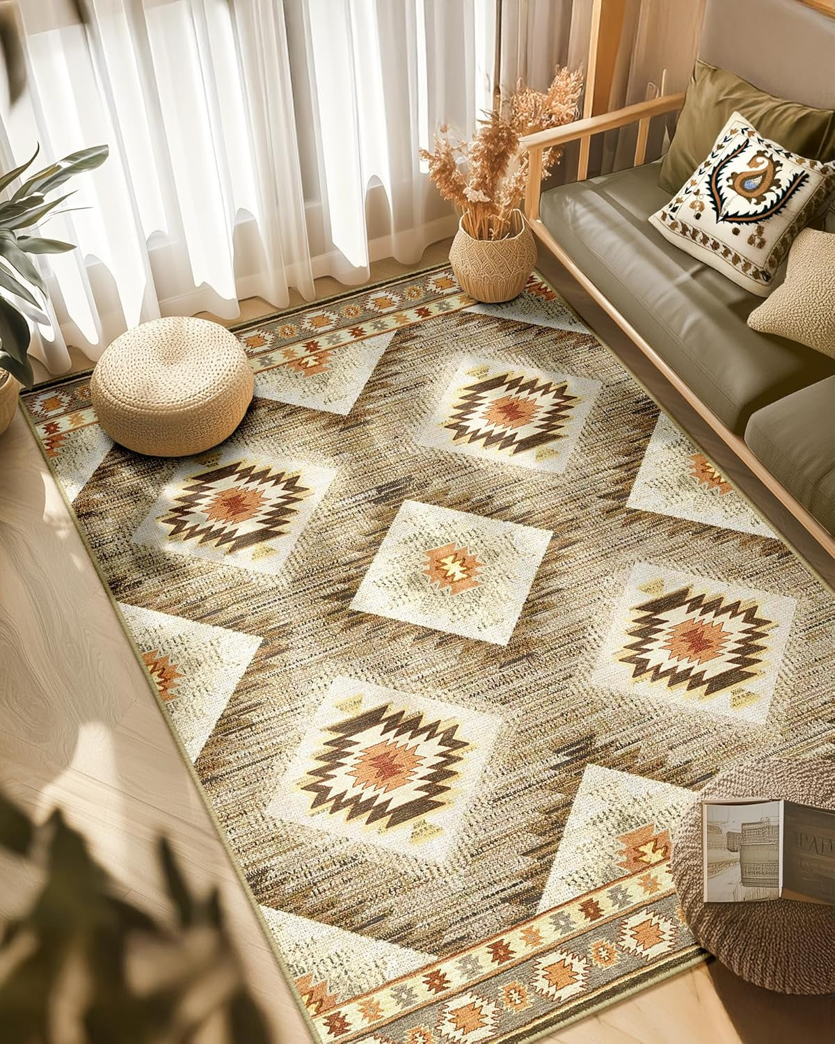 Area Rug 5X7 Rug Machine Washable Non-Slip Low Pile Print Pattern Western Rug for Living Room Bedroom Entryway Tribal Series -Cream/Camel