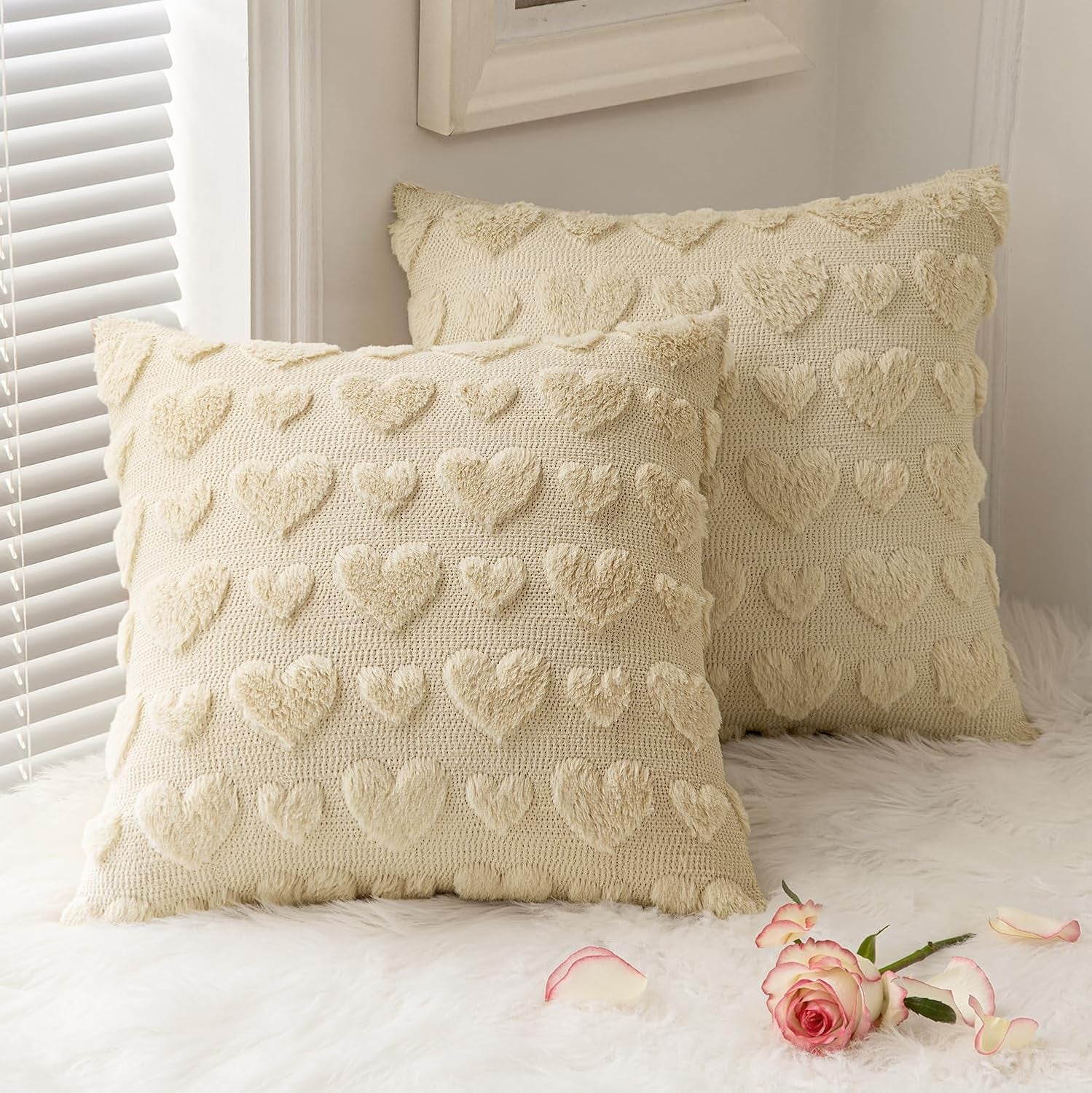 Set of 2 Beige Mothers Day Valentines Pillow Covers Heart Love Decorative Cute Throw Pillows 18X18 Inch Soft Plush Faux Wool Farmhouse for Spring Sofa Livingroom Bed