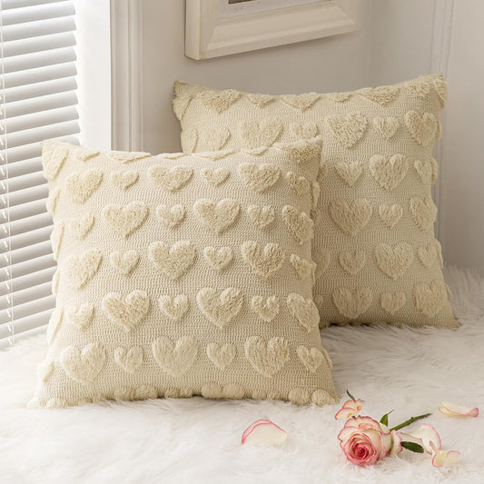 Set of 2 Beige Mothers Day Valentines Pillow Covers Heart Love Decorative Cute Throw Pillows 18X18 Inch Soft Plush Faux Wool Farmhouse for Spring Sofa Livingroom Bed