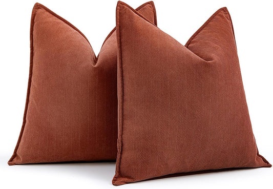 Pack of 2 Rust Decorative Pillow Covers 18X18 Inch Fall Soft Chenille Luxurious Couch Throw Pillows Farmhouse Cushion Covers with Elegant Design for Sofa Bedroom Living Room Home Decor