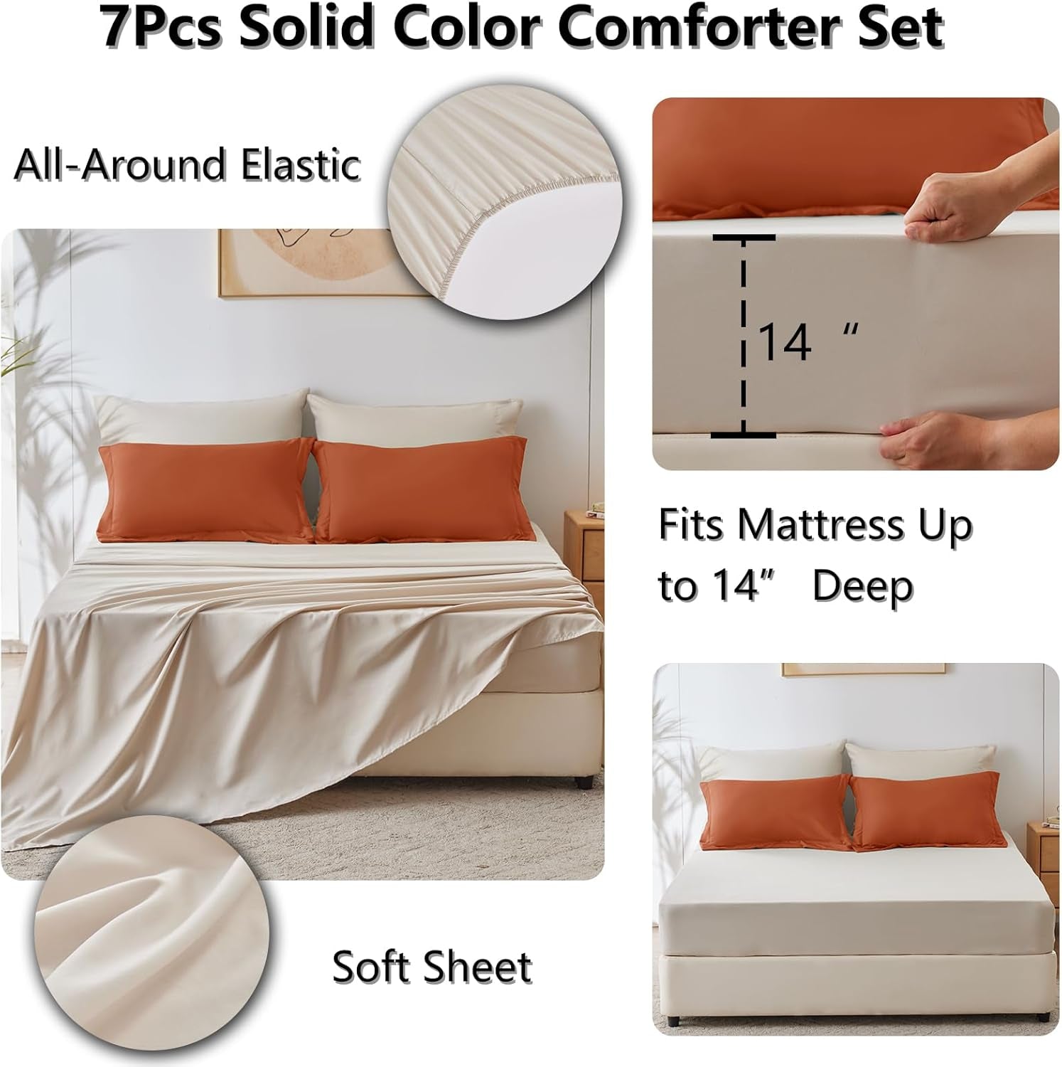 King Size Comforter Set Burnt Orange and Beige, 7 Pieces King Bedding Set Contrasting Design with Comforter, Flat Sheets, Fitted Sheet, Pillowcases & Shams, Bed in a Bag for All Season