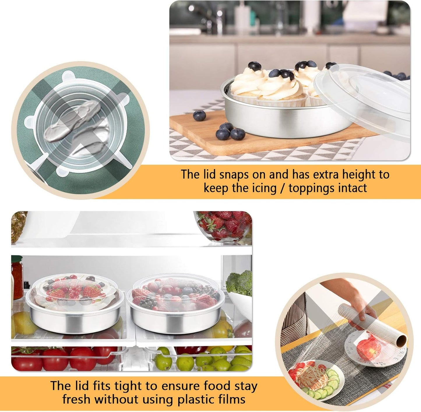 8-Inch Cake Pan with Lid Set (3 Pans + 3 Lids), Stainless Steel round Baking Pans for Picnic Wedding Birthday, Leak-Proof Pan & Raised Plastic Cover, Healthy & Non-Toxic, Dishwasher Safe