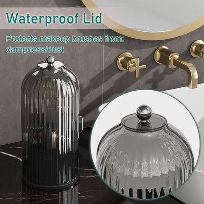 Makeup Brush Holder with Lid Cosmetic Tools Organizer 360 Rotating Waterproof Dustproof Beauty Brushes Storage for Vanity, Black-Grey