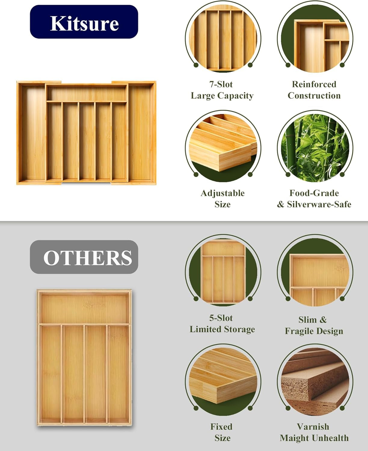 Large Bamboo Silverware Organizer - Expandable Drawer Organizer for Utensil, Cutlery and Flatware, Kitchen Storage Solution with 6 to 8 Slots, Natural, 18.7" × 12.8" × 1.8"