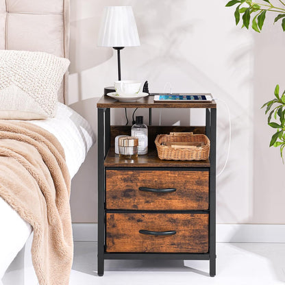 Nightstand with Charging Station, LED Night Stand with Fabric Drawers and Storage Shelf for Bedroom, Nightstands Bedside Tables with USB Ports & Outlets, Small Night Stands, Bed Side Table