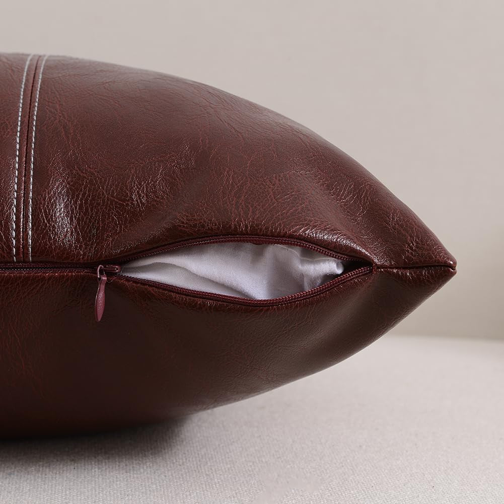 2 Packs Burgundy Boho Lumbar Plaid Faux Leather Decorative Throw Pillow Covers 12X20 Inch for Couch Bed Sofa, Hand Stitched Rectangle Cushion Case, Rustic Modern Farmhouse Home Décor