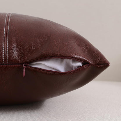 2 Packs Burgundy Boho Lumbar Plaid Faux Leather Decorative Throw Pillow Covers 12X20 Inch for Couch Bed Sofa, Hand Stitched Rectangle Cushion Case, Rustic Modern Farmhouse Home Décor