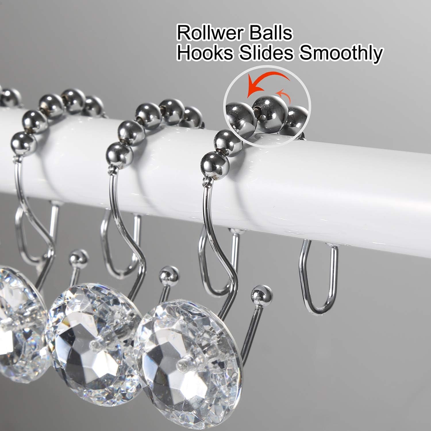 Shower Curtain Hooks, 12 Pcs Crystal Shower Curtain Rings, Stainless Steel Rust Proof Double Shower Hooks for Curtains, Shower Curtain & Liner Decor (Crystal White)