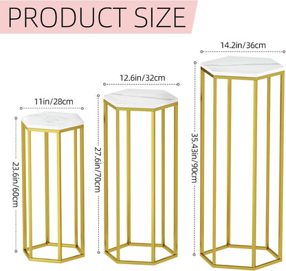 Cylinder Stands for Party, Set of 3 Gold Metal Hexagon Pedestal Stand with Marbled Countertop, Cake Flower Plant Pedestal Stands for Display Parties Wedding Birthday Decor, 3PCS, Gold