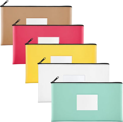 5-Pack Money Bags with Zipper, PU Leather Bank Deposit Bags, Waterproof Money Pouch for Organize Cash, Coins, Cosmetics, Invoice, Bills, Tools, 11.5 X 6.2 Inches, Macaroon Colors