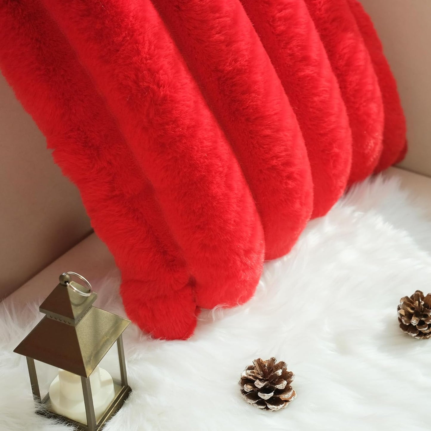 Pack of 2 Faux Fur Plush Decorative Christmas Red Throw Pillow Covers Couch Cushion Case Soft Fluffy Pillowcases Wide Stripe (Red, 18 X 18 Inch)