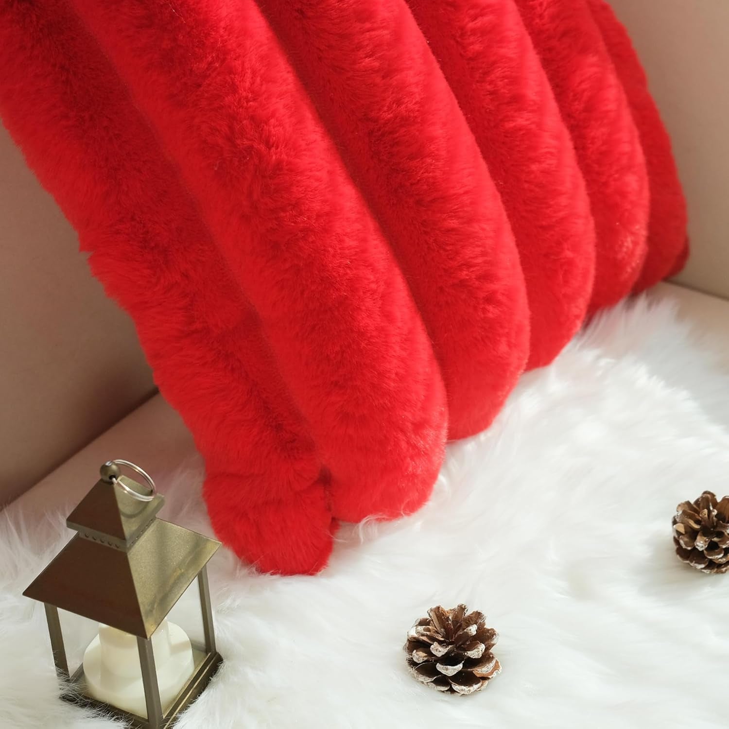 Pack of 2 Faux Fur Plush Decorative Christmas Red Throw Pillow Covers Couch Cushion Case Soft Fluffy Pillowcases Wide Stripe (Red, 18 X 18 Inch)