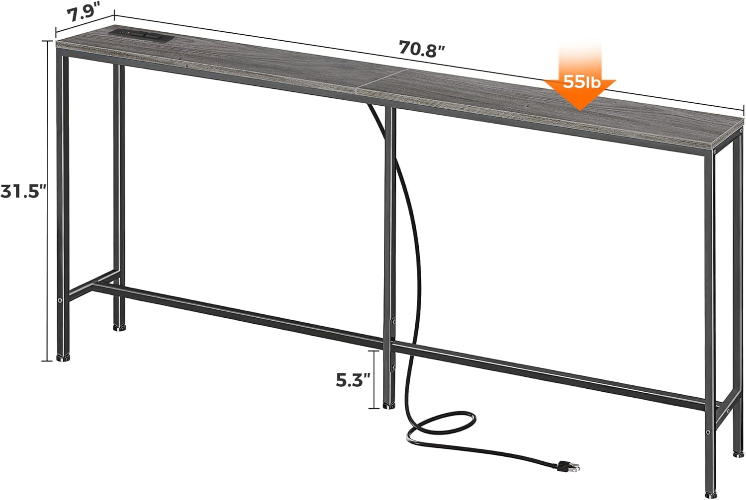 70-Inch Console Table with Built-In Charging Station, Narrow Entryway Hall Table in Charcoal Gray for Living Room Use