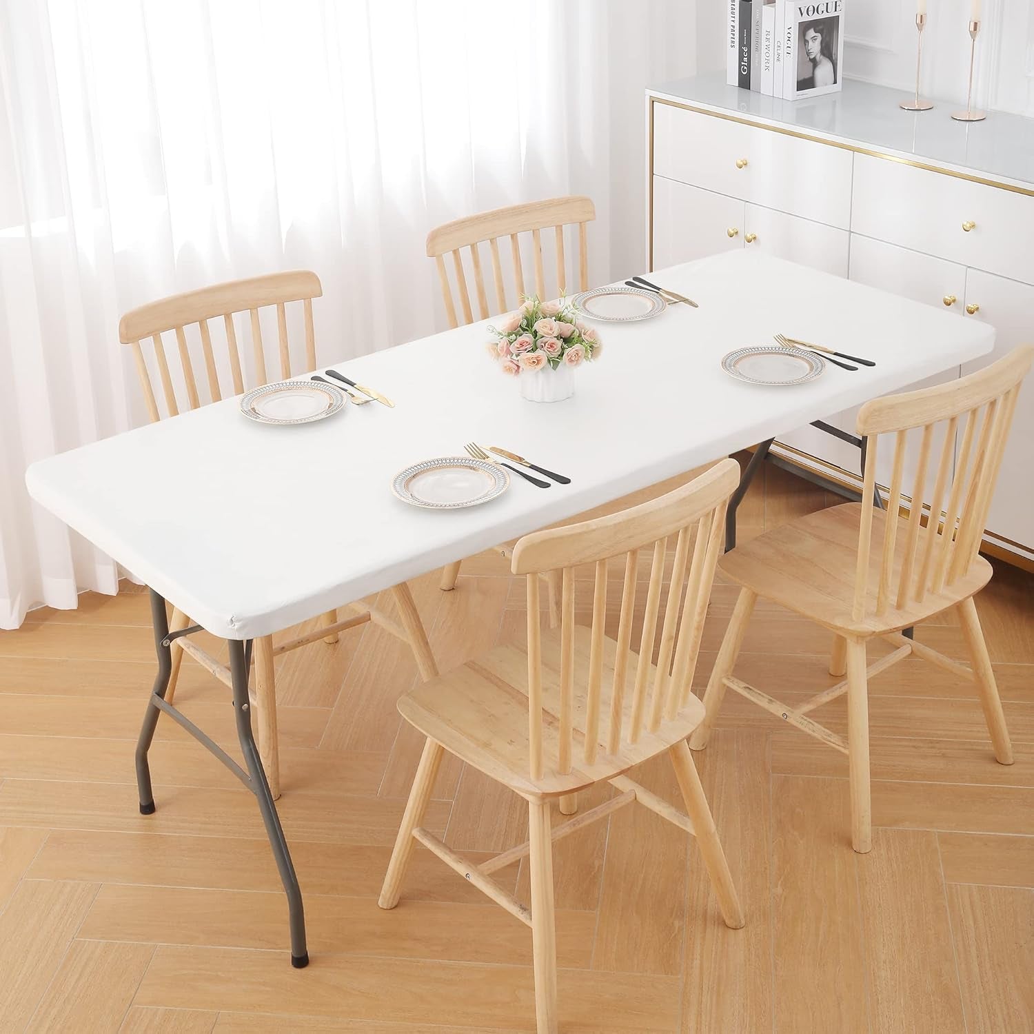 Waterproof Fitted Vinyl Tablecloth, 6FT Table Cover in Black and 6FT Table Cover in White, 2 Item Bundle