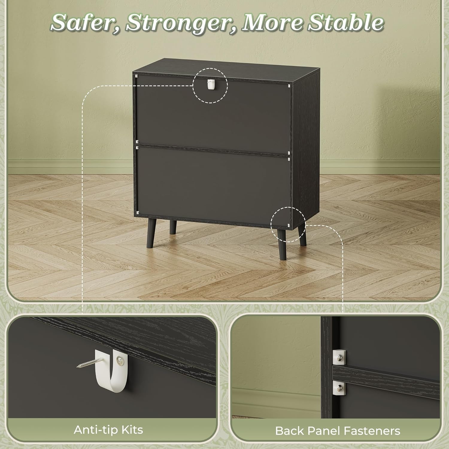 Elegant Buffet Cabinet with Storage, Featuring PE Rattan Decor Doors and Solid Wood Feet, Ideal for Hallway, Entryway, and Living Room, All Black Finish