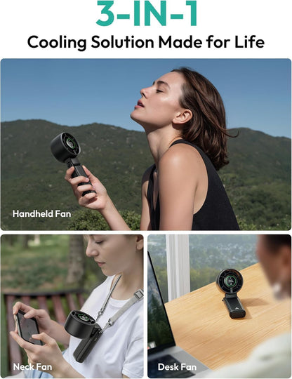 3 in 1 Portable Fan, Turbo Handheld Fan, USB Rechargeable Mini Personal [22H Max Cooling Time], Battery Powered Small Foldable Pocket for Travel, Summer, Gifts for Women, Girls -Black