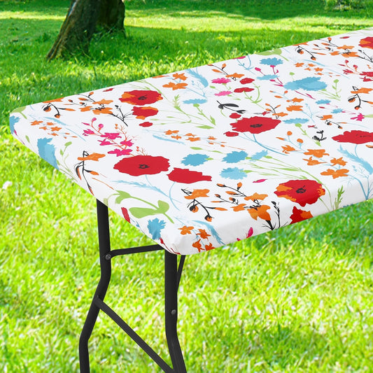 Rectangle Picnic Tablecloth, Waterproof Elastic Fitted Table Covers for 6 Foot Tables, Wipeable Flannel Backed Vinyl Tablecloths for Camping, Indoor, Outdoor (Flowers, 30X72 Inches)