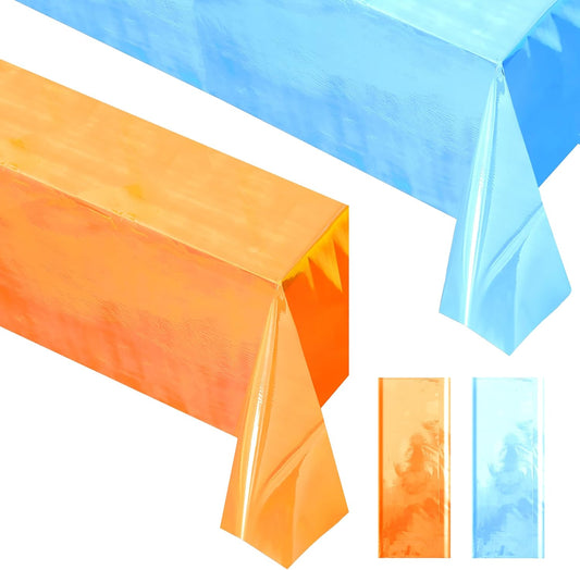 Orange and Blue Iridescent Tablecloth Set, 40 x 108 inches Disposable Shiny Laser Table Covers, Holographic Glitter Plastic Tablecloths for Party, Wedding, and Banquet Decoration