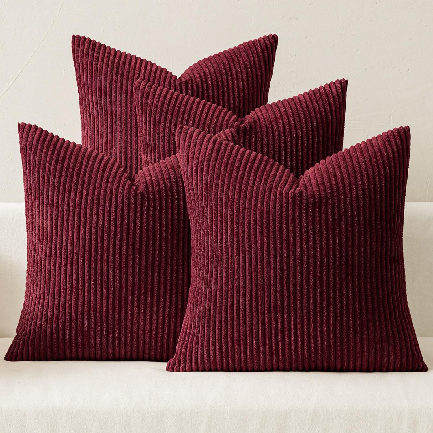 Boho Farmhouse Throw Pillow Covers 16X16 Inch Set of 4 Mordern Nordic Cushion Covers Soft Corduroy Christmas Home Decor for Couch Bed Sofa Living Room Burgundy