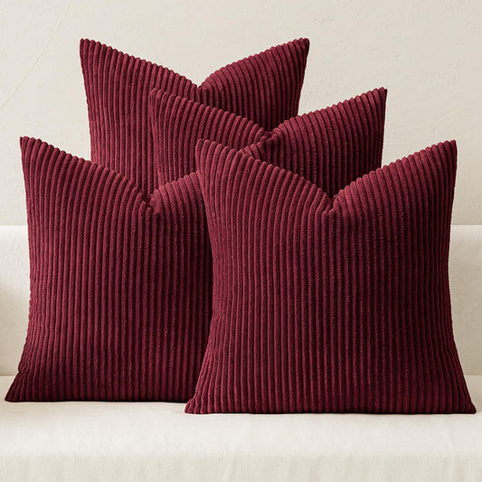 Boho Farmhouse Throw Pillow Covers 16X16 Inch Set of 4 Mordern Nordic Cushion Covers Soft Corduroy Christmas Home Decor for Couch Bed Sofa Living Room Burgundy