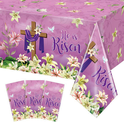 3 Pack He Is Risen Easter Tablecloth Party Decorations, Spring Lily Floral Easter Plastic Tablecloth Rectangle for Holiday Spring Farmhouse Kitchen Dining Table Decorations Indoor Outdoor, 54X108 Inch