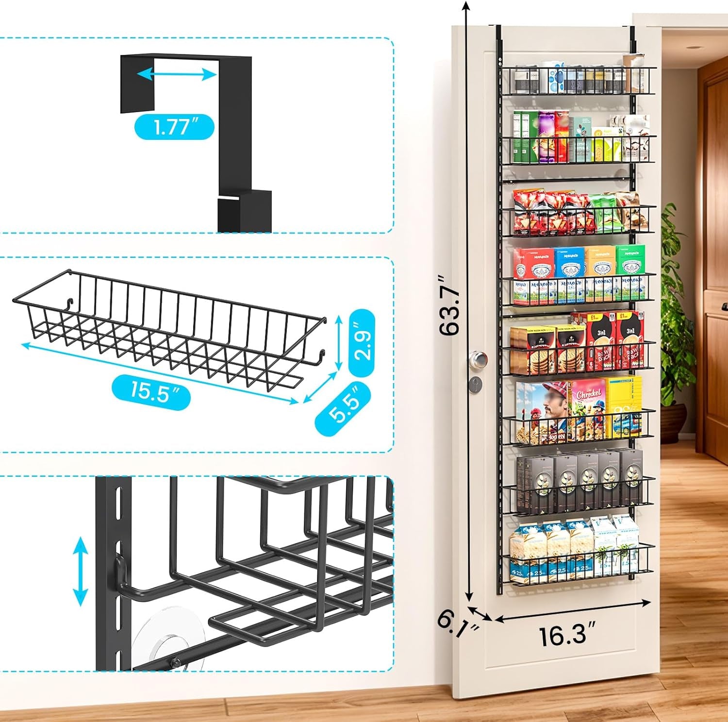 8-Tier Pantry Door Oragnizer, over the Door Pantry Organizer Rack and Storage, Hanging Spice Rack Shelves Door, Home Office Laundry Room Bathroom & Kitchen Organization Essentials Metal