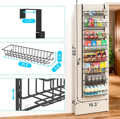 8-Tier Pantry Door Oragnizer, over the Door Pantry Organizer Rack and Storage, Hanging Spice Rack Shelves Door, Home Office Laundry Room Bathroom & Kitchen Organization Essentials Metal