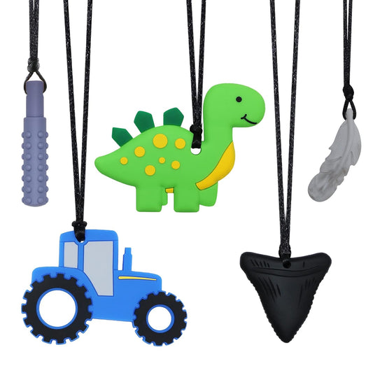 Chew Necklace for Sensory Kids, 5Pcs Chewy Necklaces for Boys and Girls with Autism ADHD PICA, Chewable Silicone Pendant for Reducing Fidget Anxiety,Dinosaur Tractor Chewing Pendants for Toddler