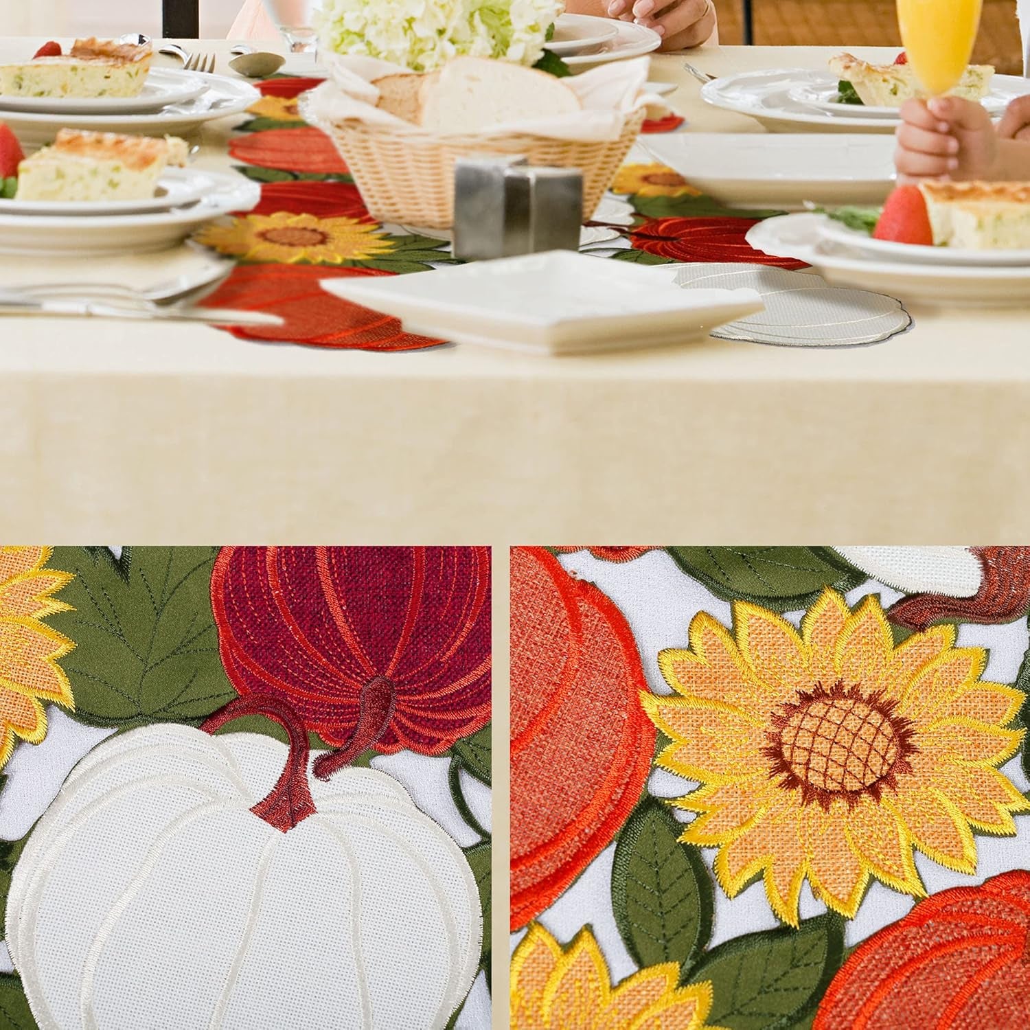 Thanksgiving Table Runner 36 Inches Long, Small Short Fall Table Runner, Boho Farmhouse Embroidered Table Centerpieces with Pumpkins and Sunflowers, Fall Decor for Home , 13 Inch X 36 Inch