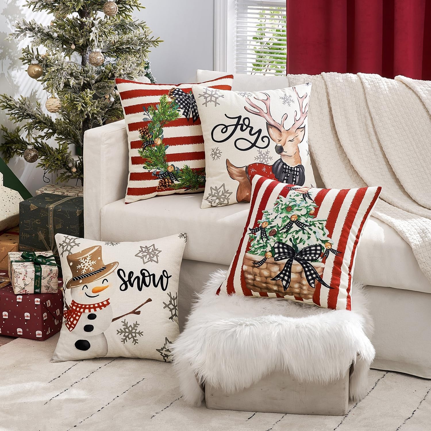 Set of 4 Holiday Red Decorative Pillow Covers 16X16 Inch Snowman Elk Merry Christmas Throw Pillow Cases Winter Seasonal Cushion Cases Home Decors for Sofa Couch Bedroom